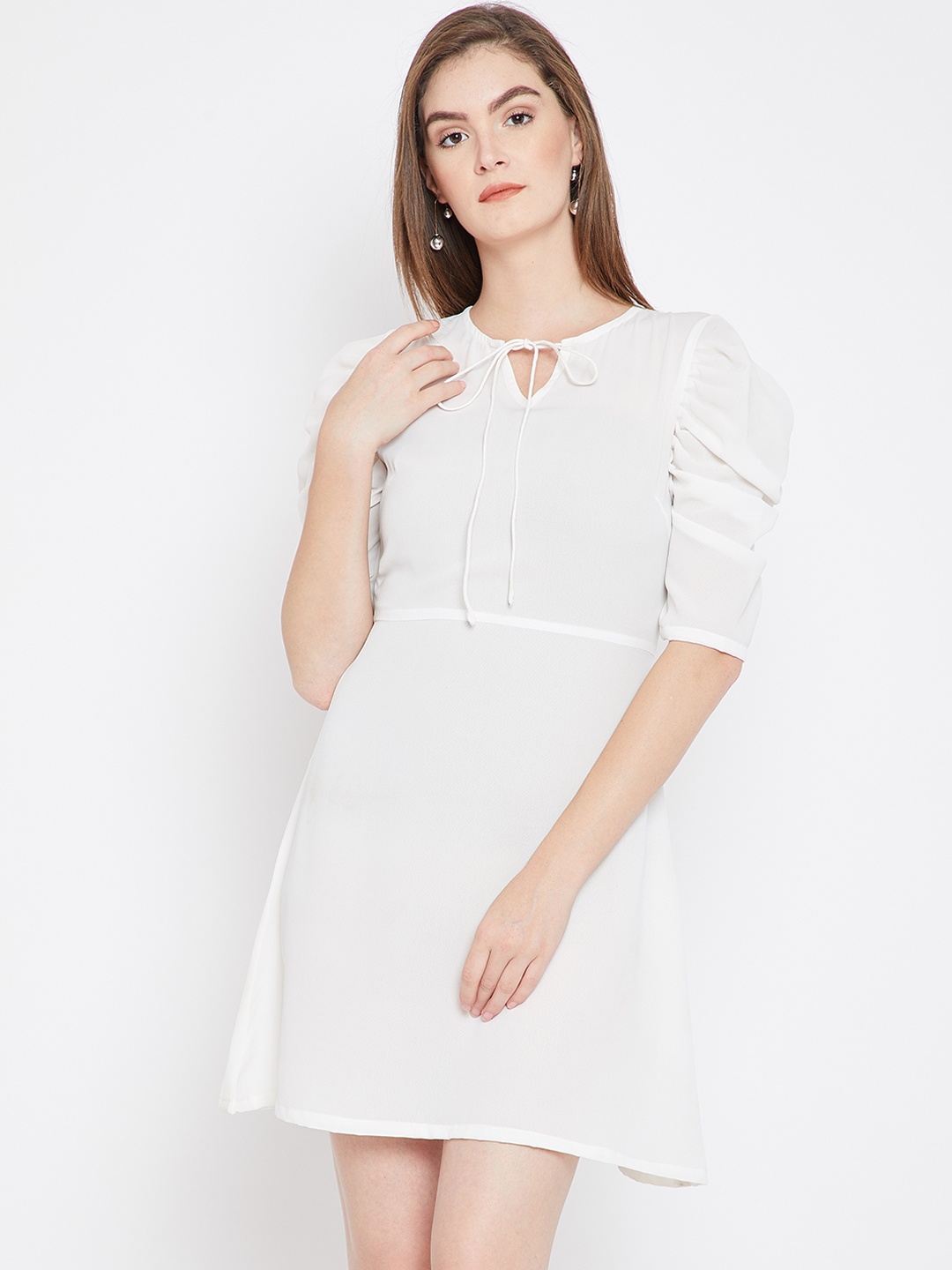 

Imfashini Women White Self Design Fit and Flare Dress