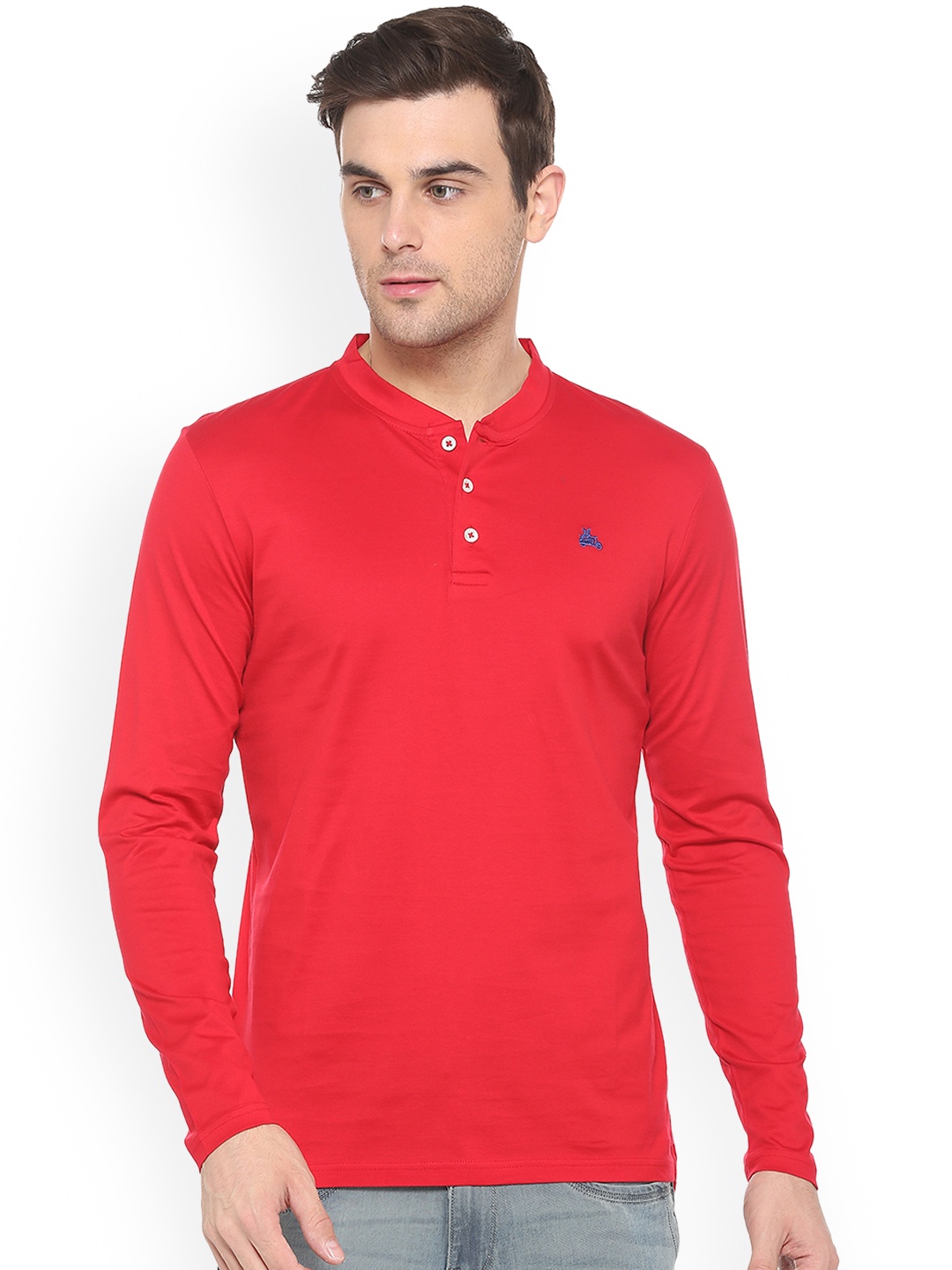 

SIMON CARTER LONDON Men Red Solid Mandarin Collar Pure Cotton T-shirt