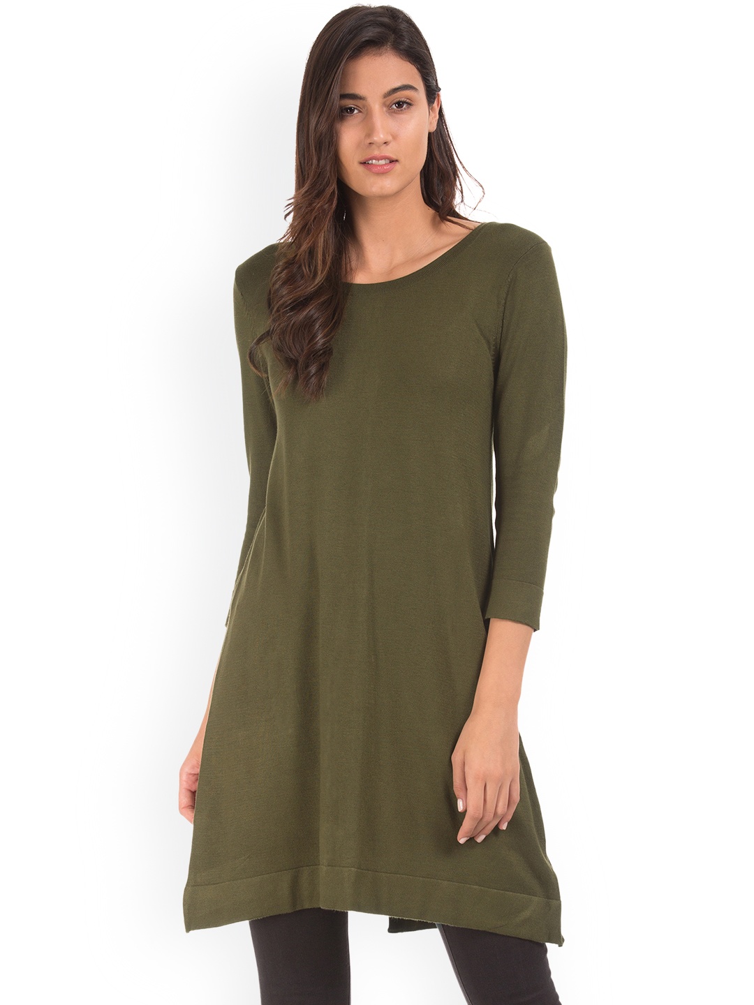 

Flying Machine Women Olive Green Solid Longline Sweater