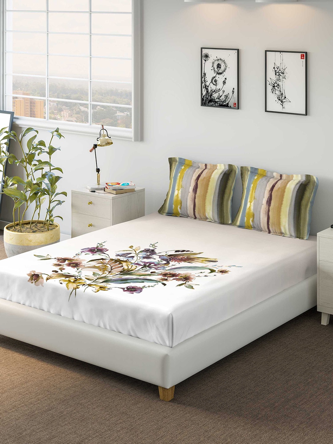 

DDecor Off-White Floral 150 TC Cotton 1 King Bedsheet with 2 Pillow Covers