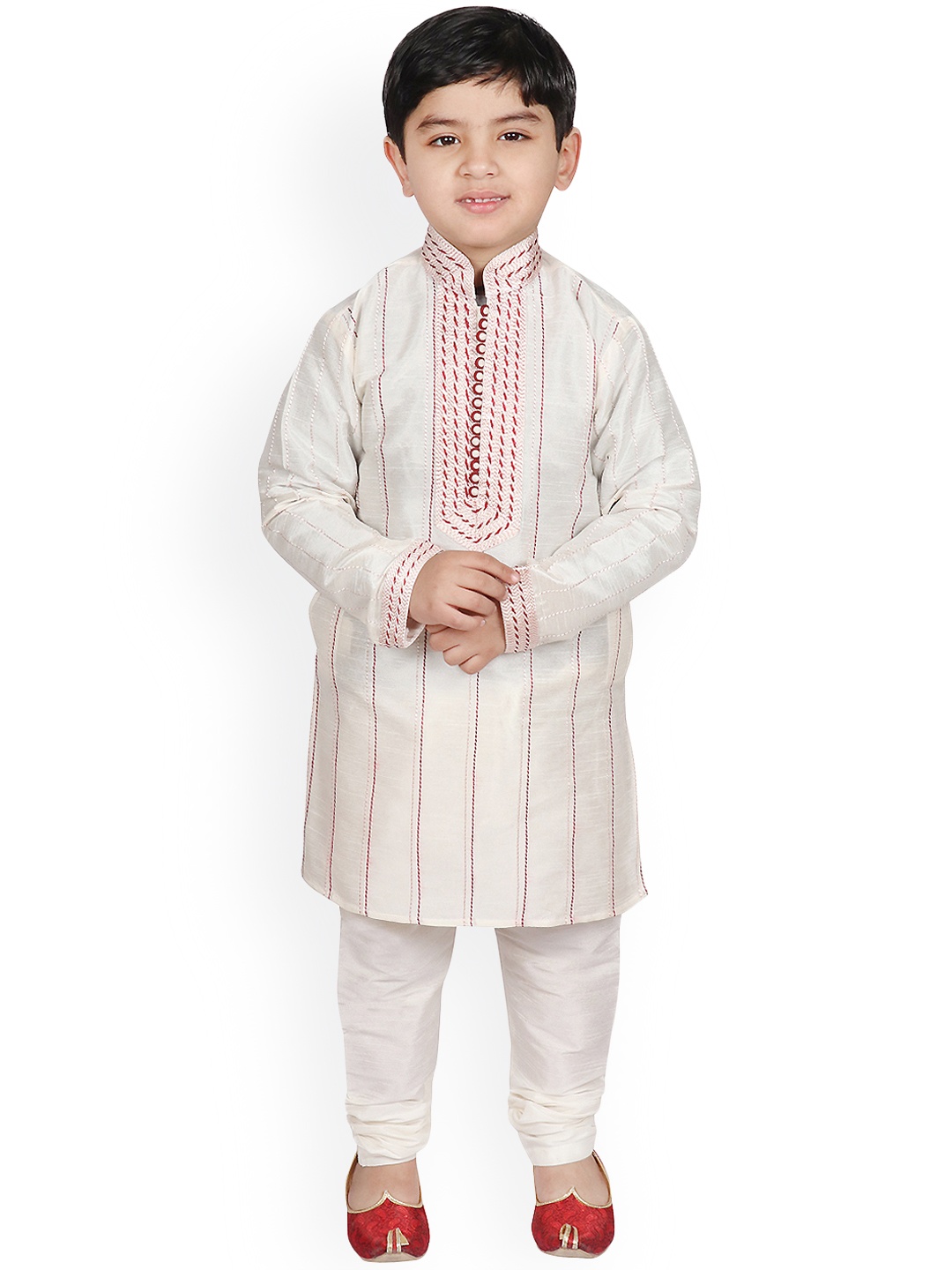 

SG YUVRAJ Boys Cream-Coloured Striped Kurta with Pyjamas