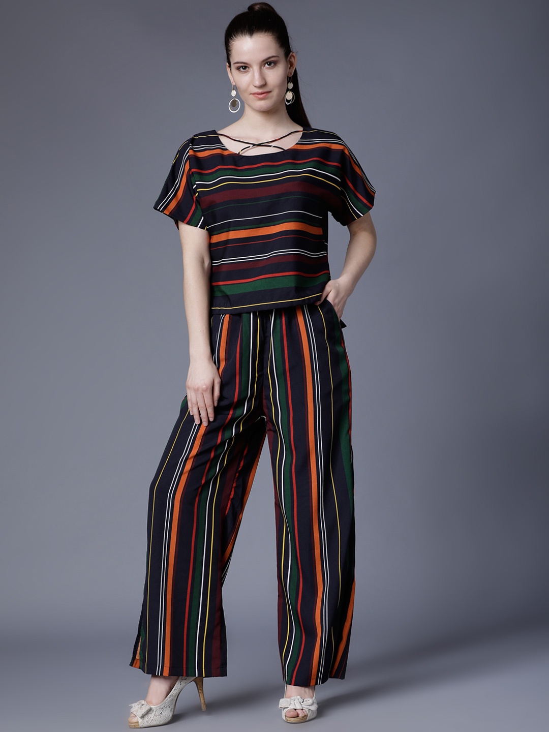

Tokyo Talkies Women Multicoloured Striped Top with Trousers, Multi