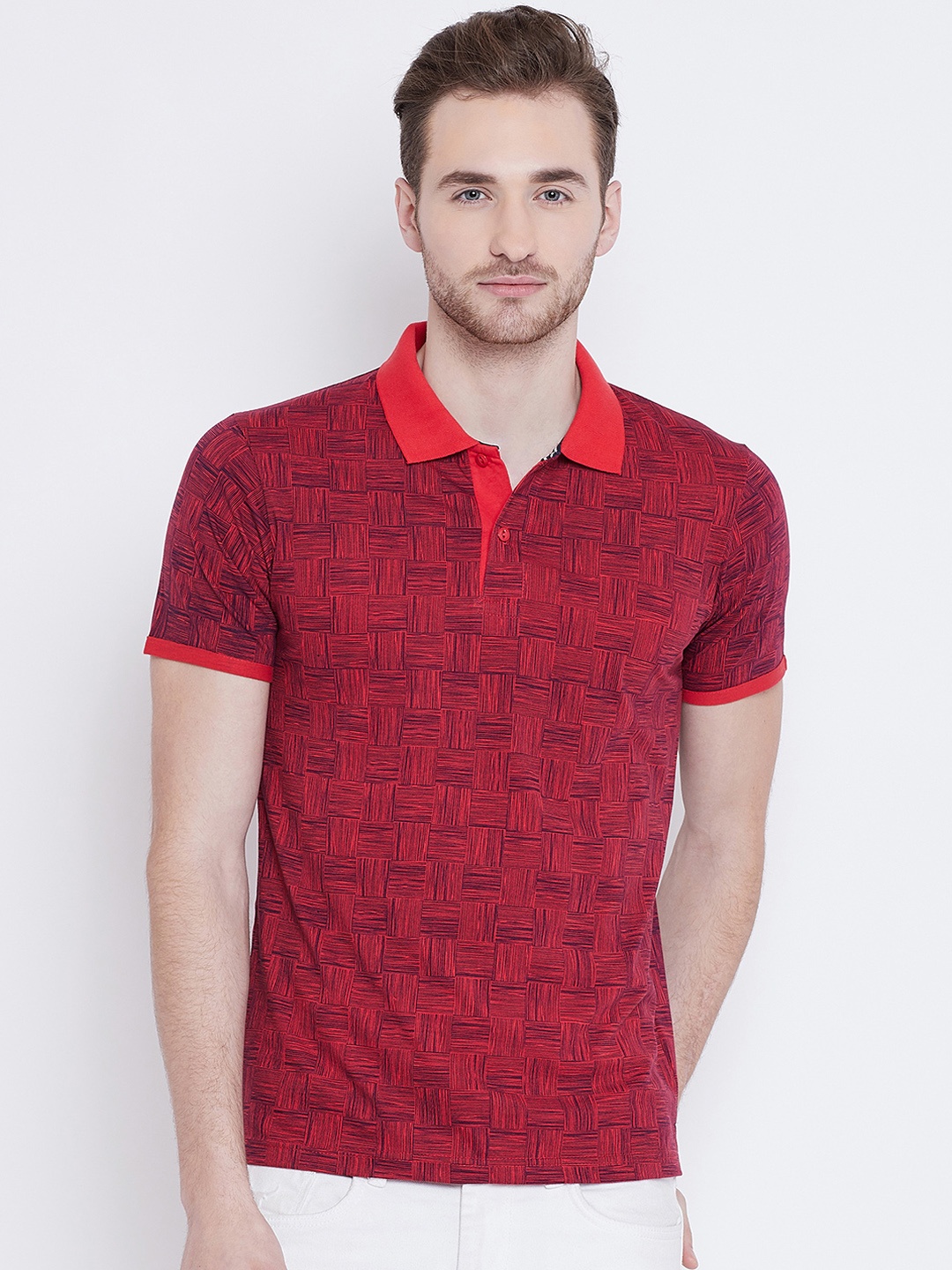 

Camey Men Red Printed Polo Collar T-shirt