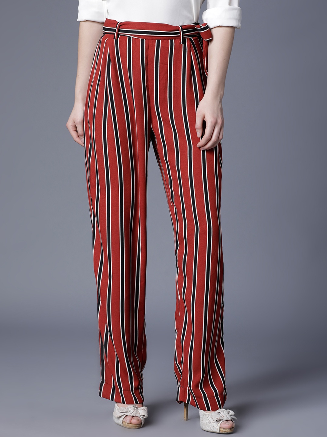 

Tokyo Talkies Women Red Regular Fit Striped Regular Trousers