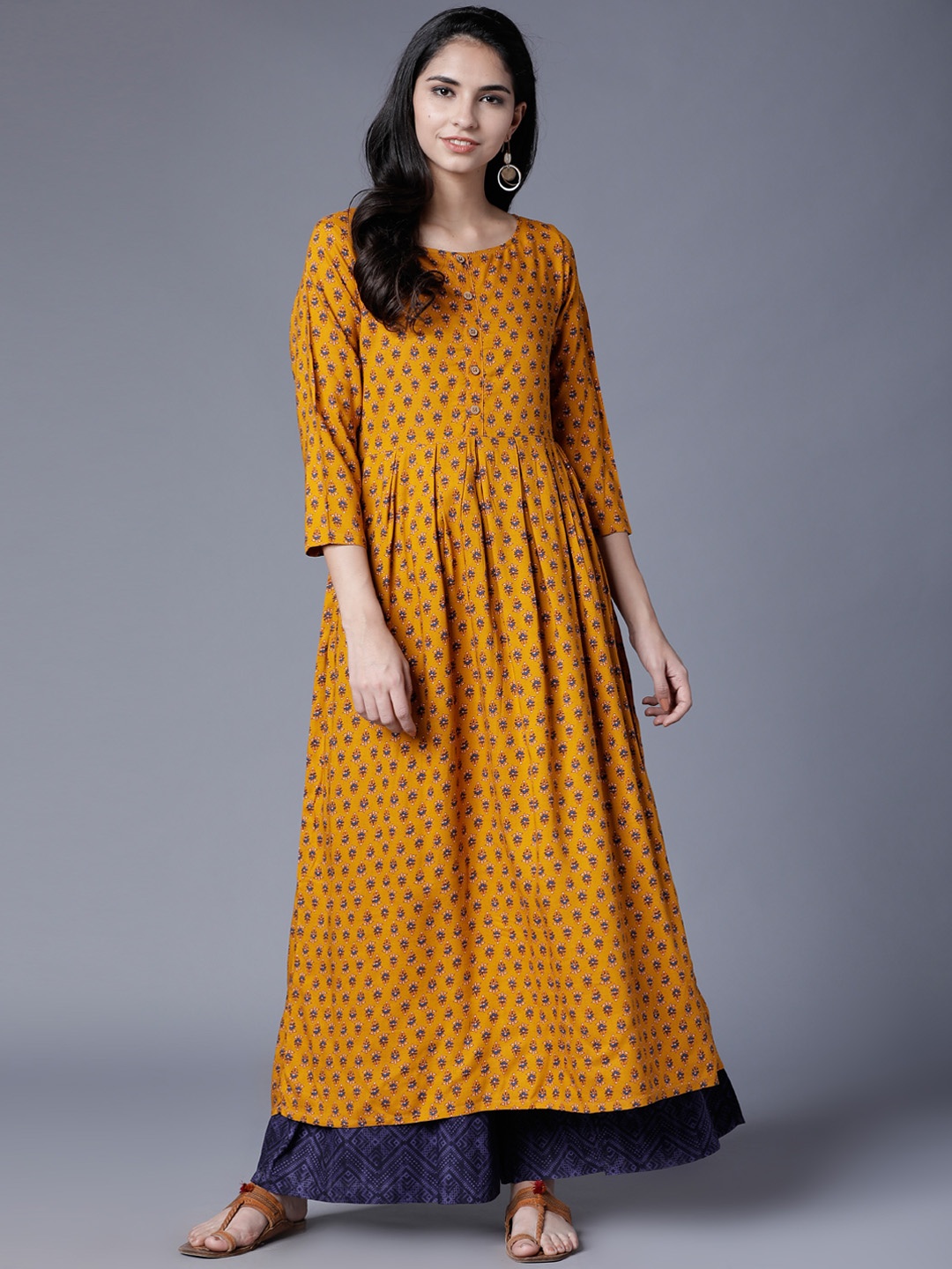 

Vishudh Women Mustard & Navy Blue Printed Anarkali Kurta