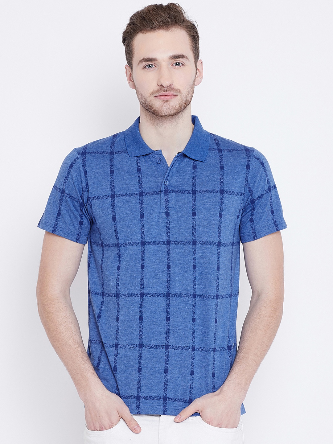 

Camey Men Blue Checked Polo Collar T-shirt