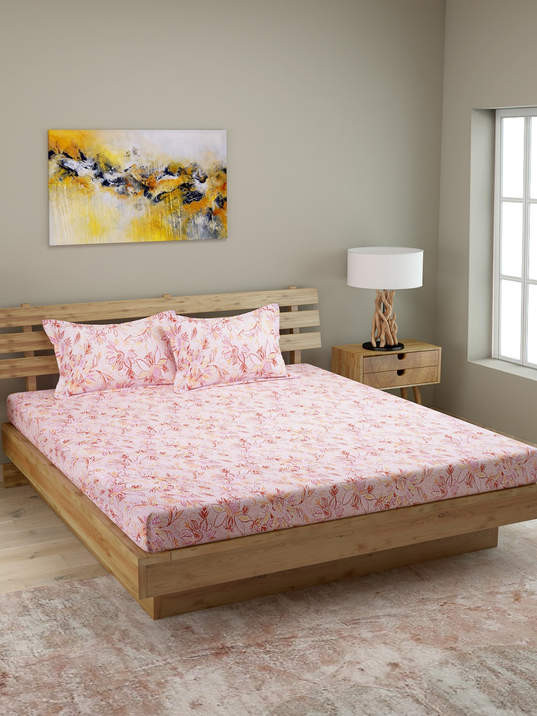 

ROMEE Pink Floral 210 TC Cotton 1 Queen Bedsheet with 2 Pillow Covers