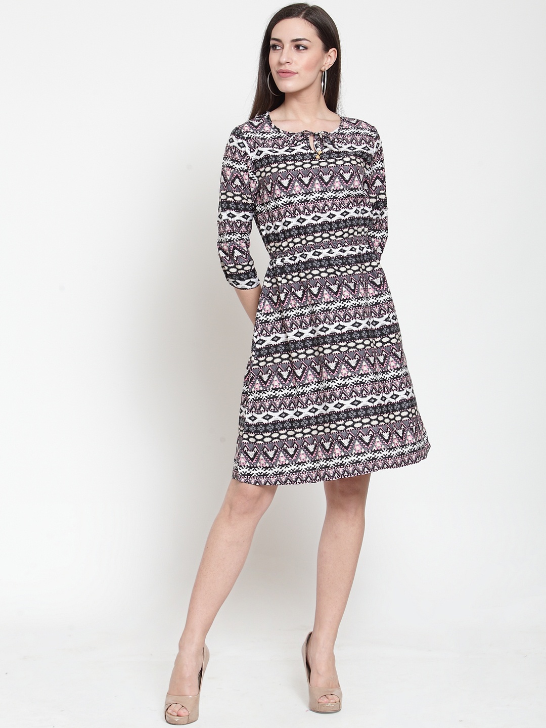 

Purple State Women White & Grey Printed Fit and Flare Dress