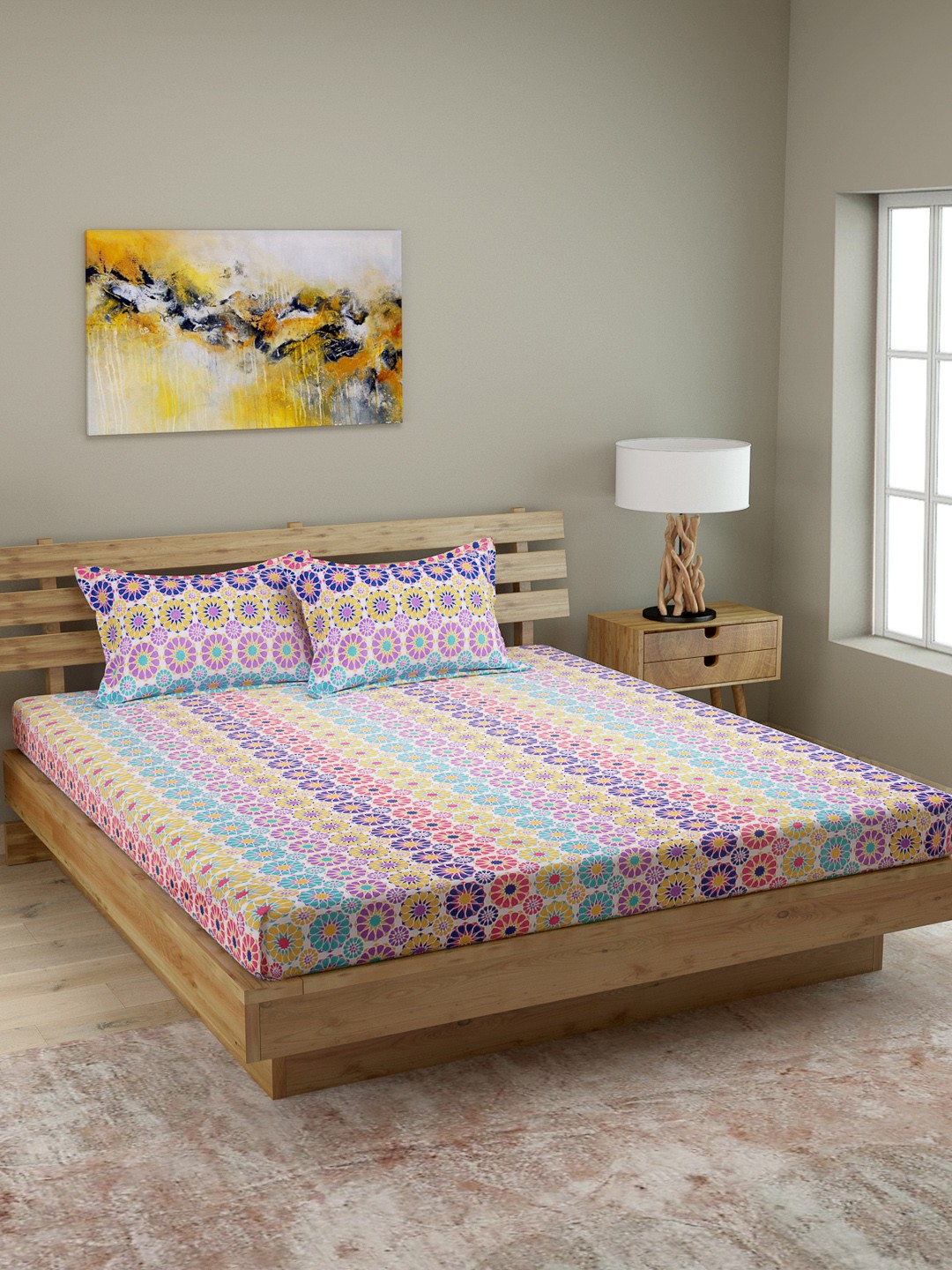

ROMEE Multicoloured Geometric 144 TC Cotton 1 Queen Bedsheet with 2 Pillow Covers, Multi