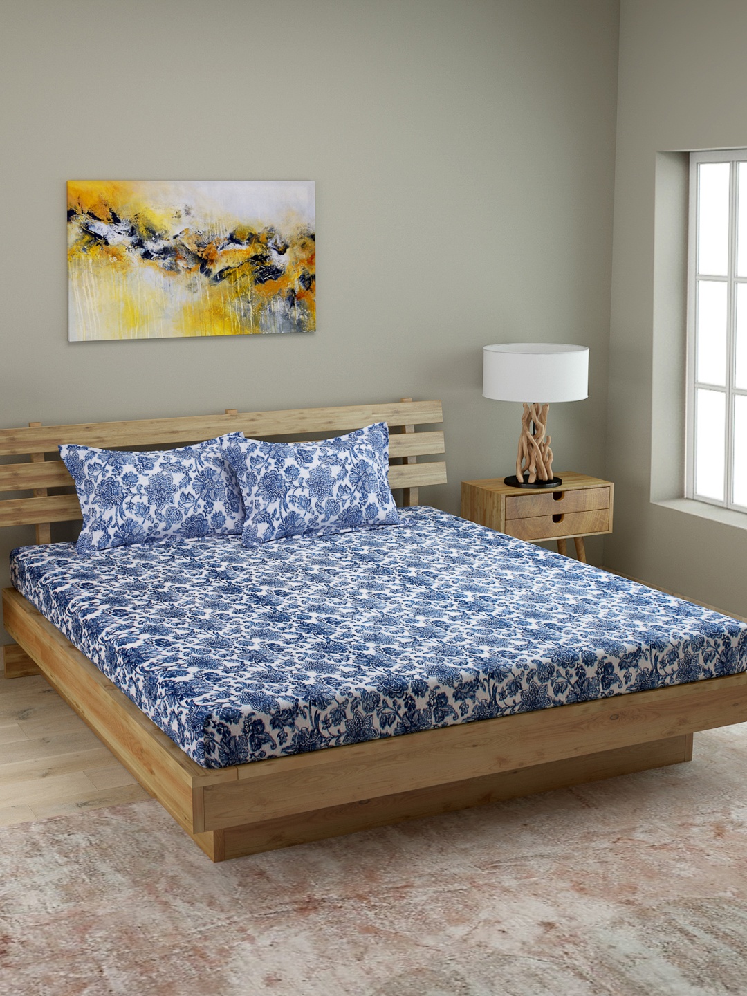 

ROMEE Blue & White Floral 210 TC Cotton 1 Queen Bedsheet with 2 Pillow Covers