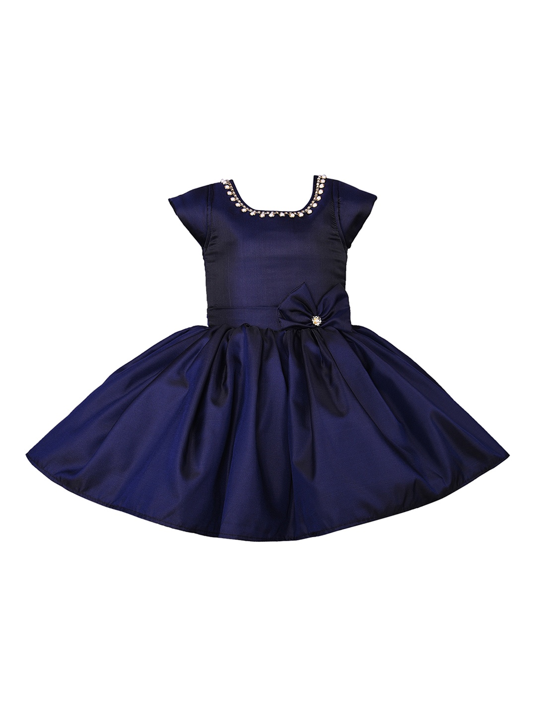 

Wish Karo Girls Navy Blue Solid Silk Fit and Flare Dress
