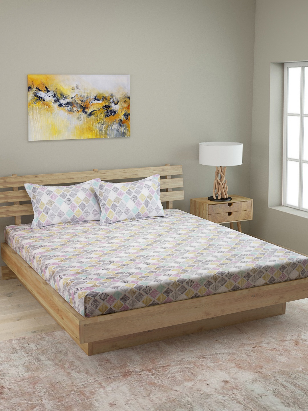 

ROMEE Multicoloured Geometric 210 TC Cotton 1 Queen Bedsheet with 2 Pillow Covers, Multi