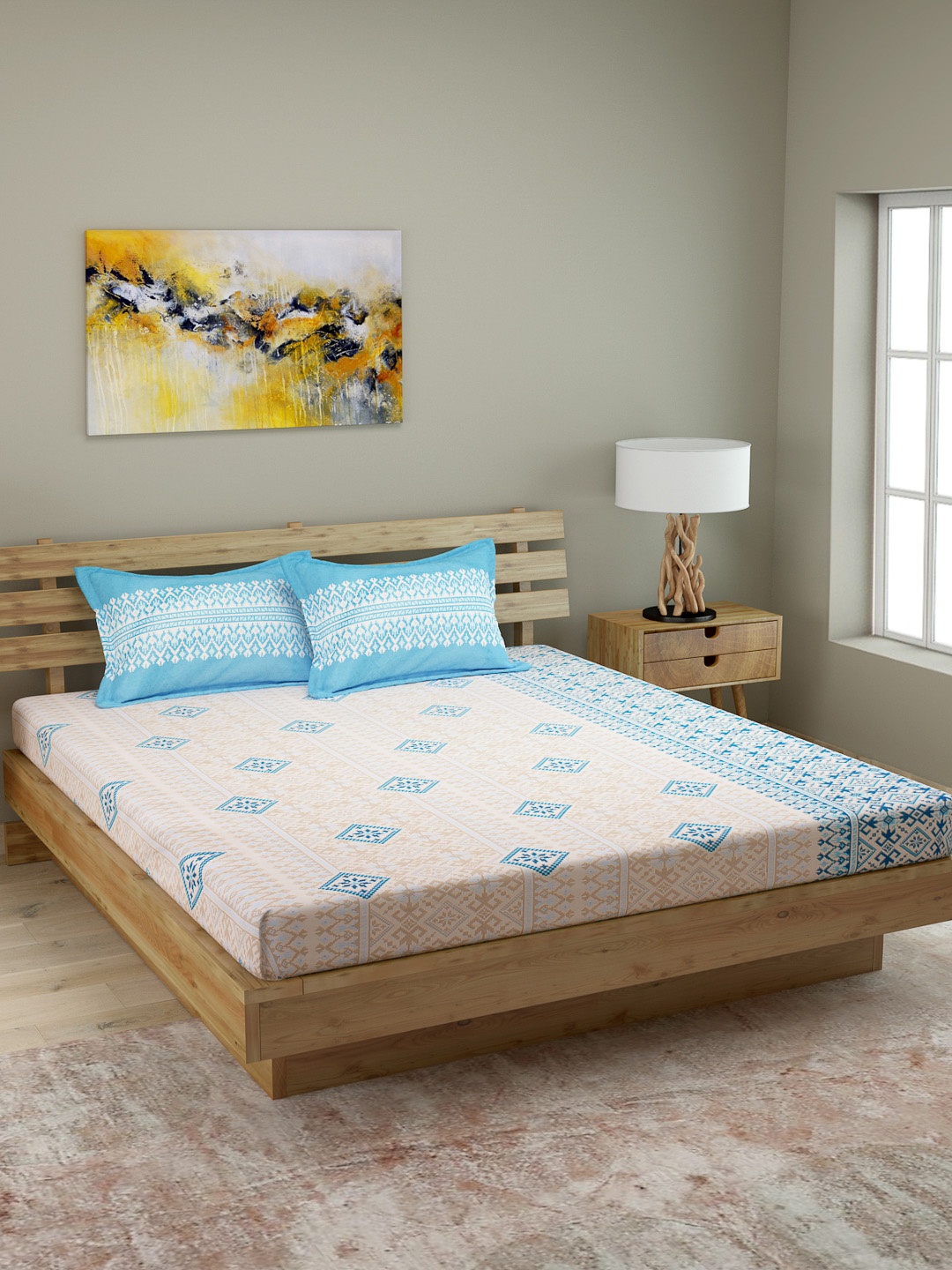 

ROMEE Beige & Blue Ethnic Motifs 144 TC Cotton 1 Queen Bedsheet with 2 Pillow Covers
