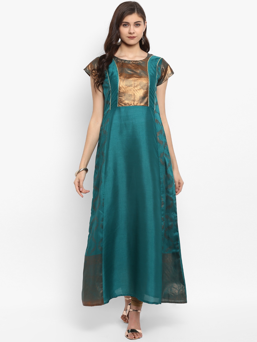 Ahalyaa Women Teal Green Yoke Design A-Line Kurta