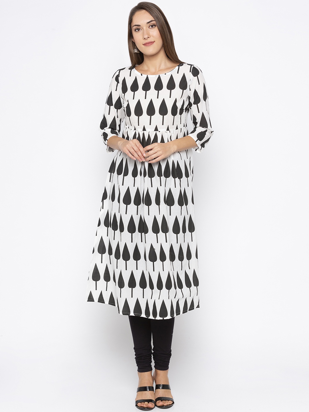 

Globus Women Off-White & Black Printed A-Line Kurta
