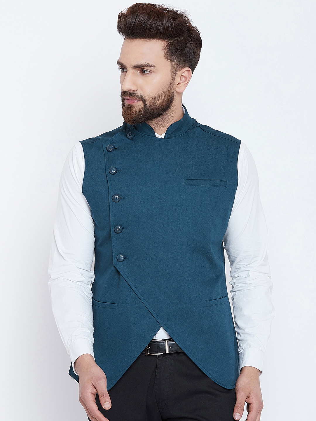 

Hypernation Men Teal Blue Solid Cotton Waistcoat