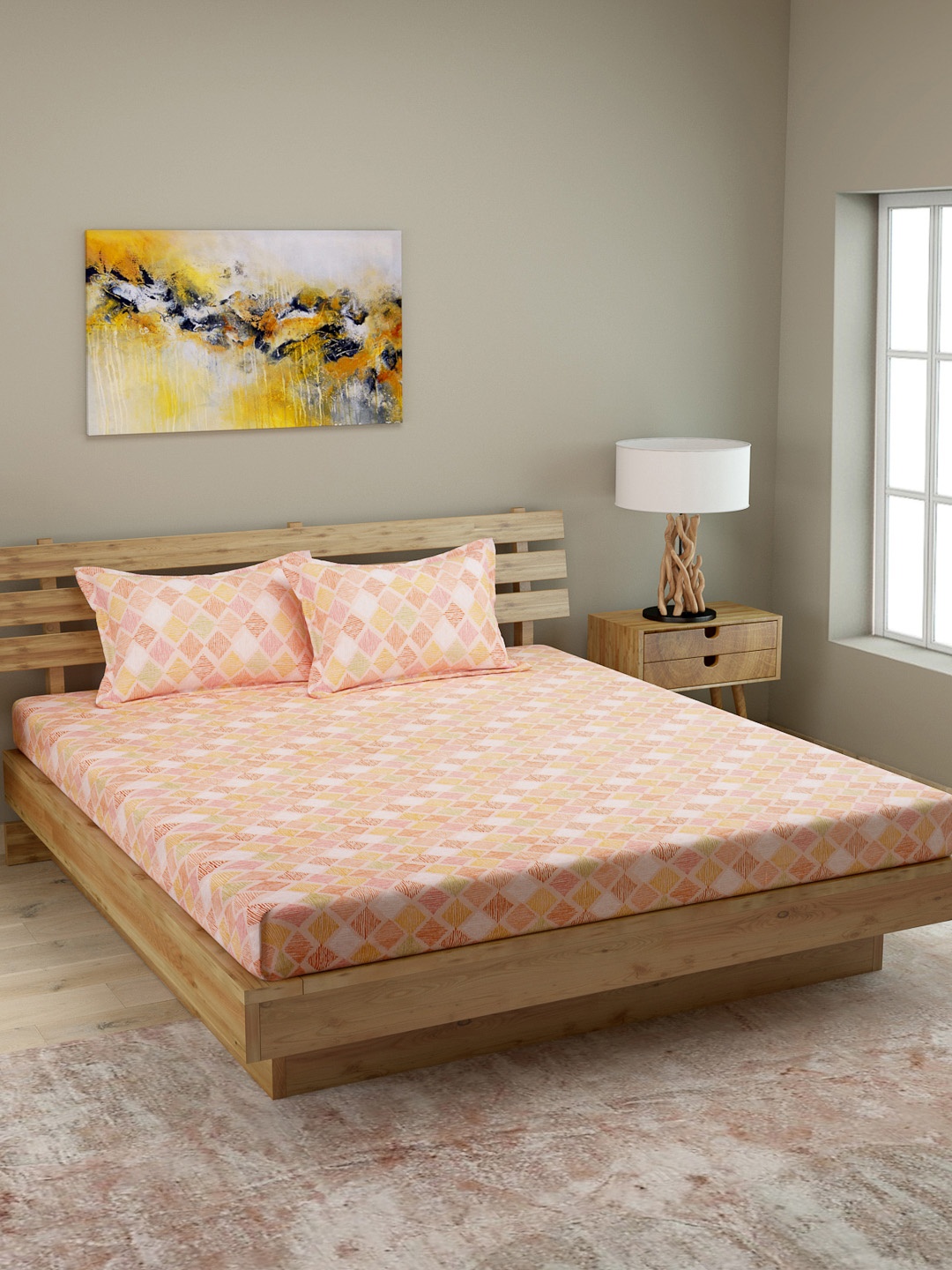 

ROMEE Orange Geometric 210 TC Cotton 1 Queen Bedsheet with 2 Pillow Covers