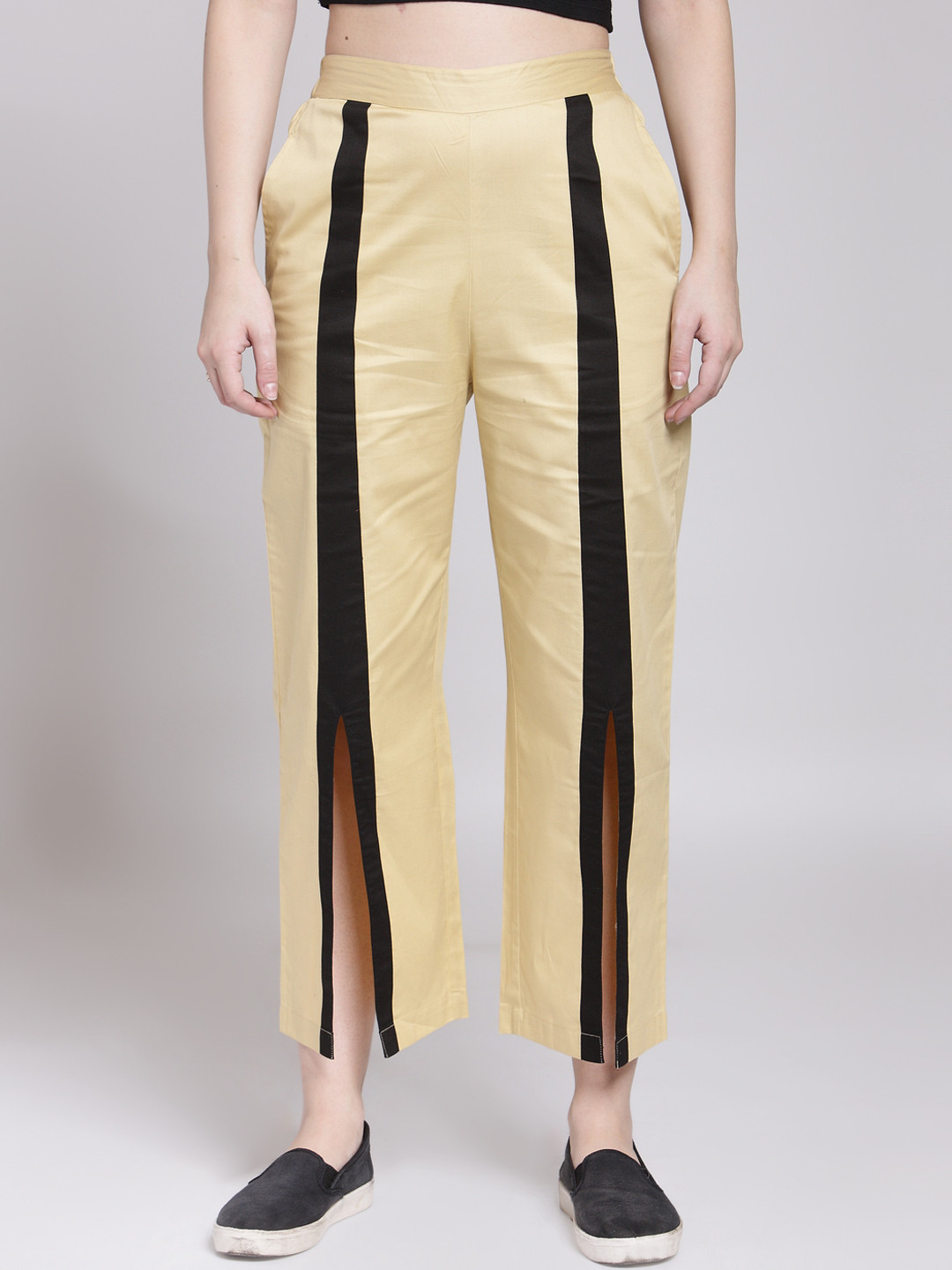 

plusS Women Beige Straight Striped Palazzos