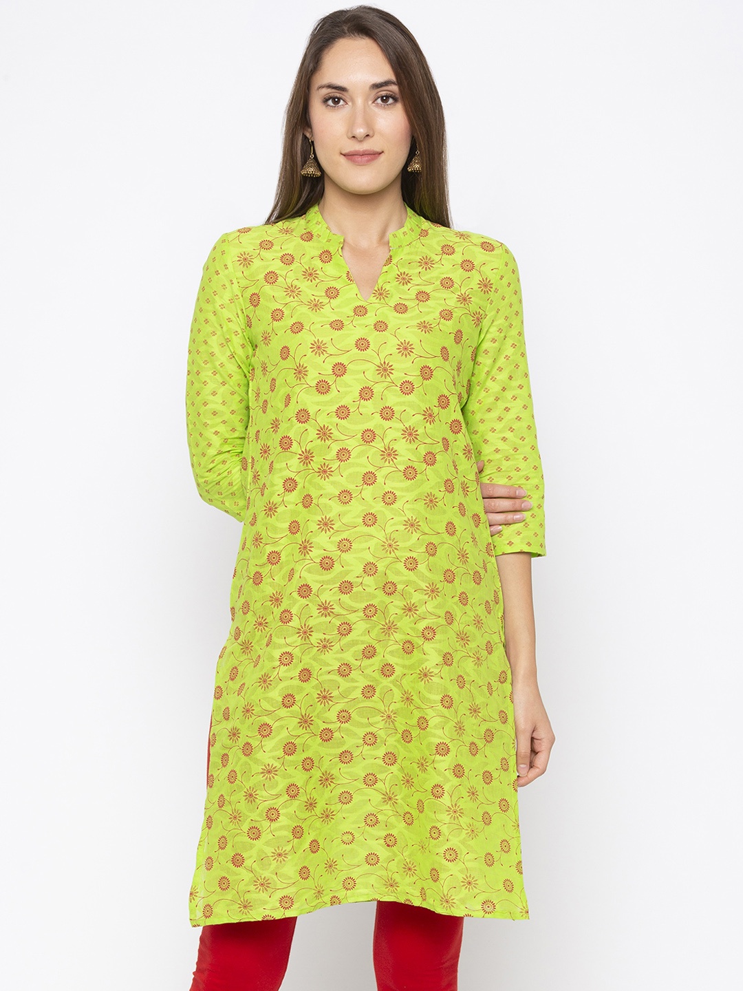 

Globus Women Green & Red Printed Straight Kurta
