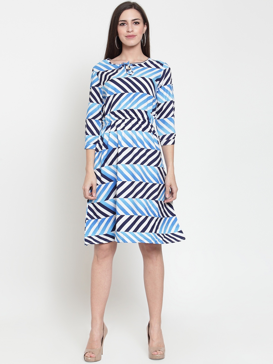 

Purple State Women Blue Printed Fit and Flare Dress