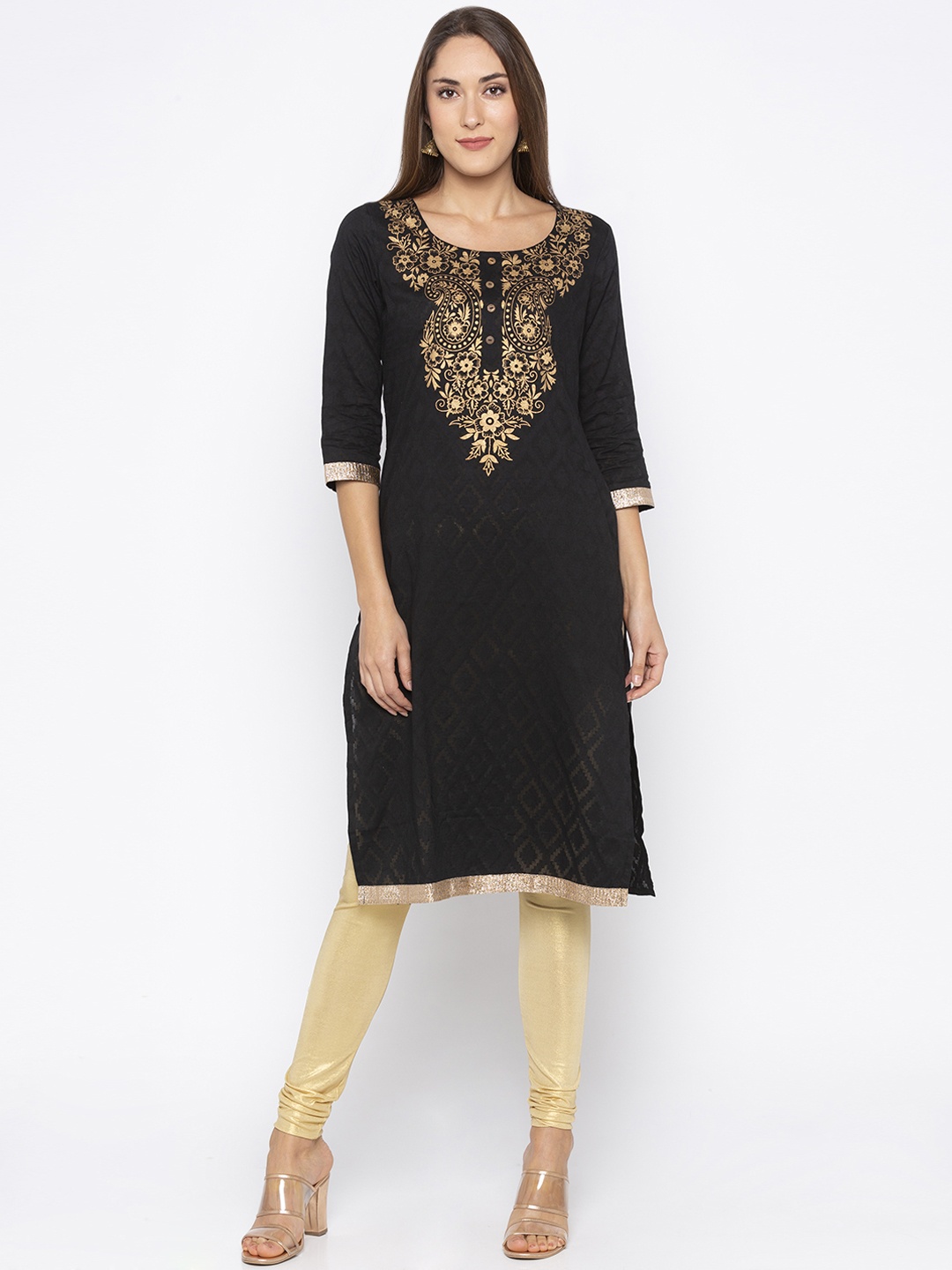 

Globus Women Black & Gold-Coloured Printed Straight Kurta