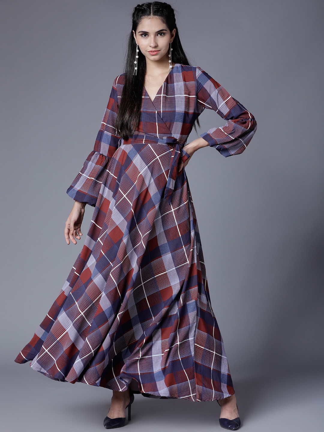 

Tokyo Talkies Women Burgundy Checked Fit and Flare Dress