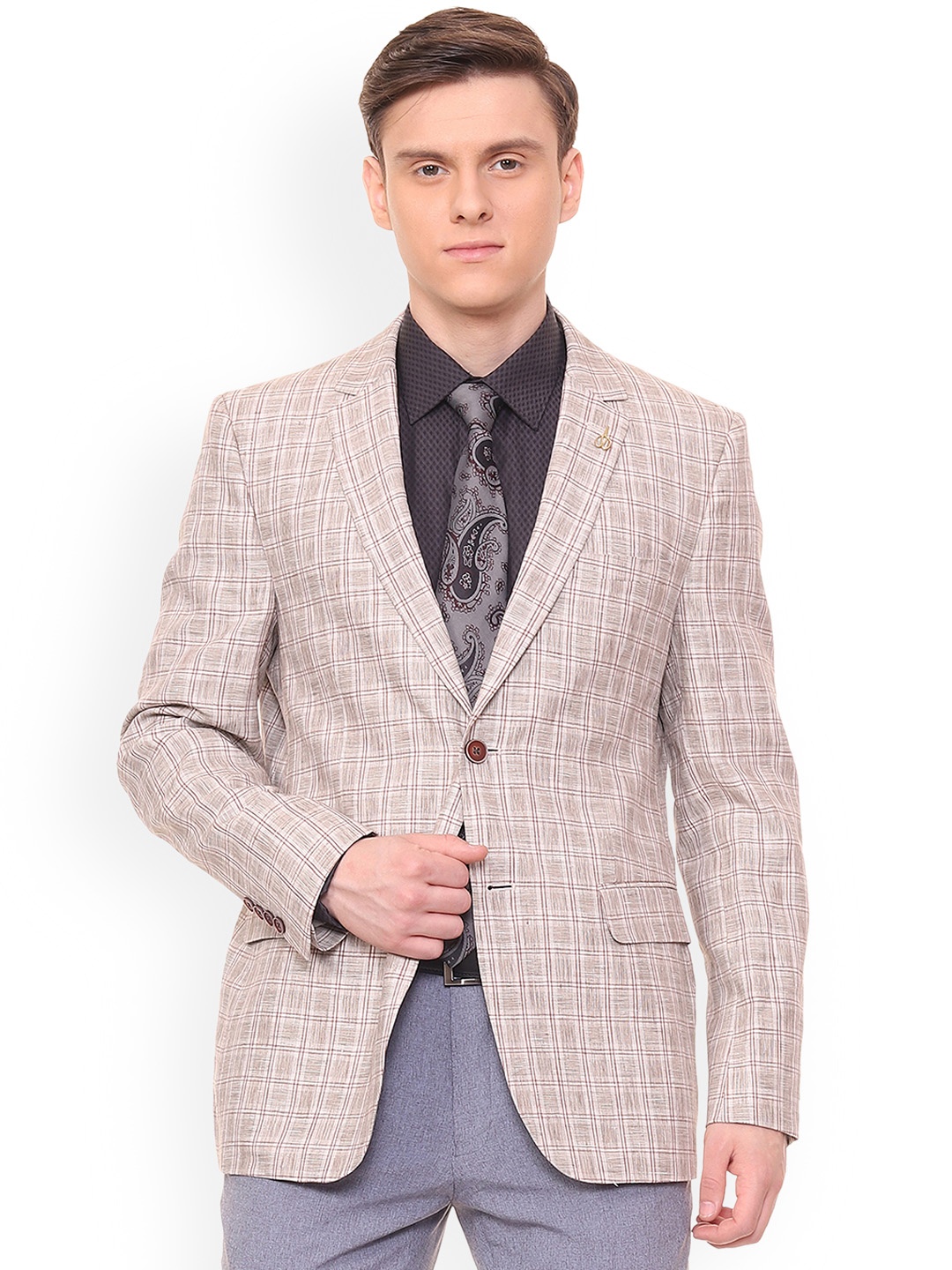 

Van Heusen Men Beige Checked Slim-Fit Single-Breasted Blazer