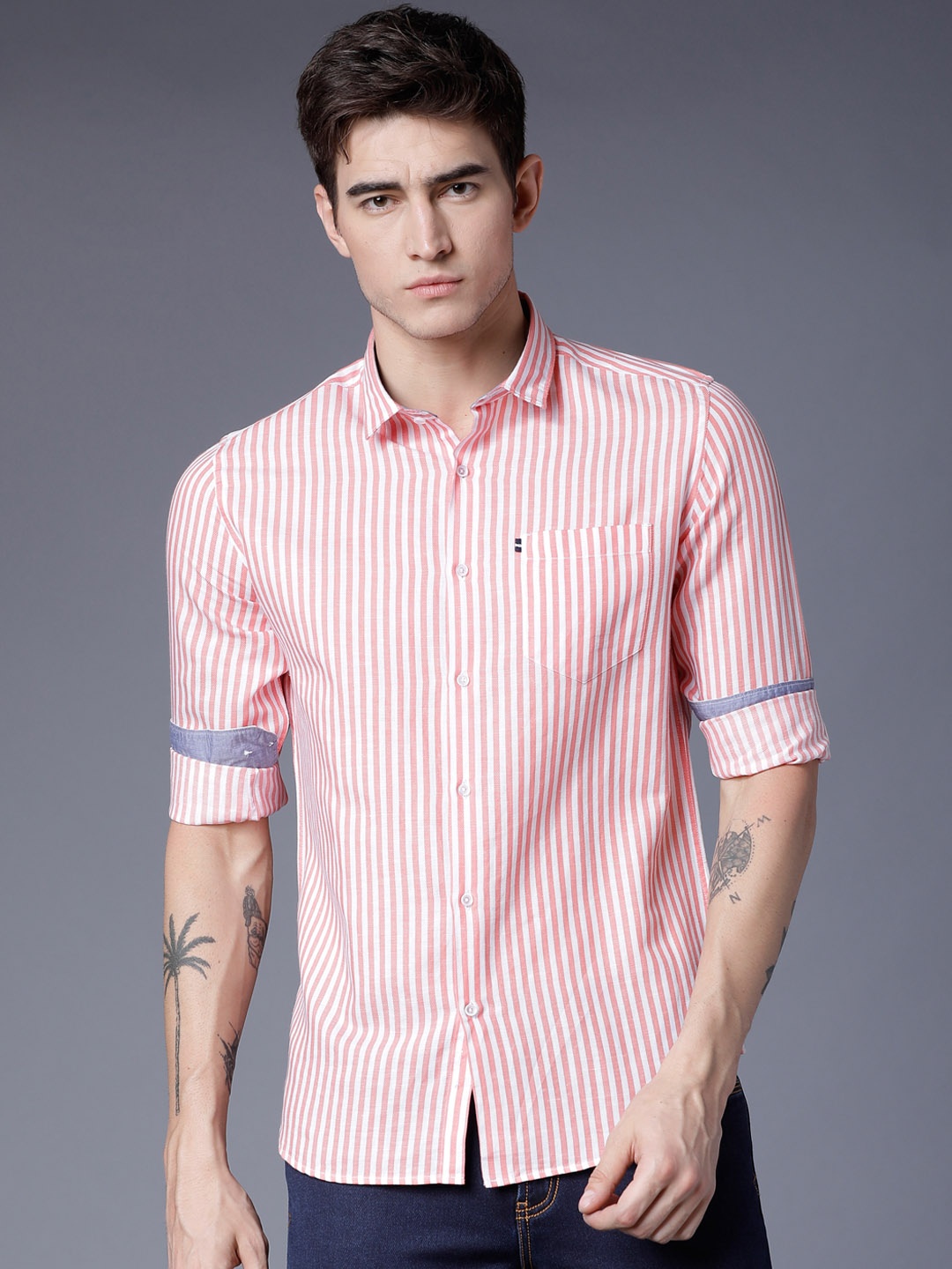 

Black coffee Men Coral Pink & White Slim Fit Striped Casual Shirt