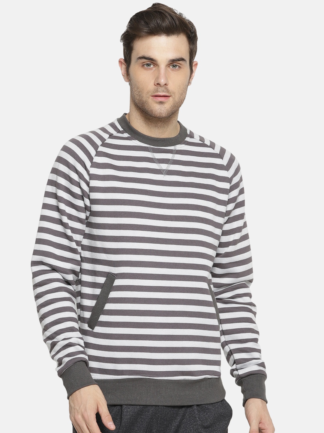 

Campus Sutra Men Grey & Off-White Striped Sweatshirt