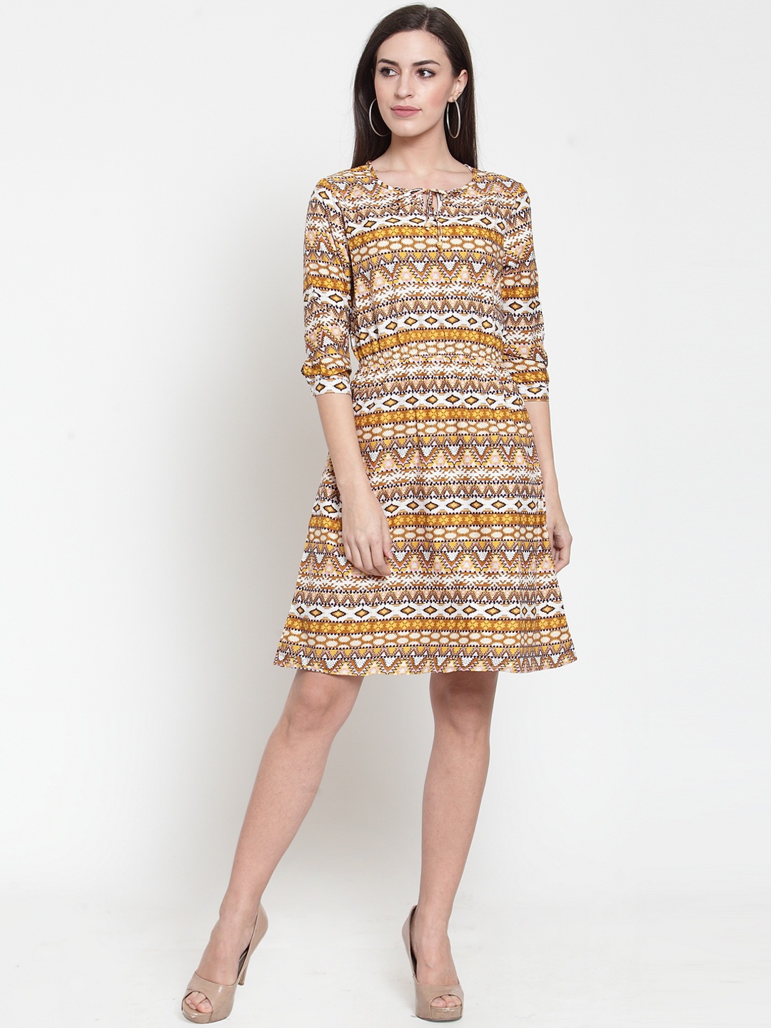 

Purple State Women Yellow & Beige Printed Fit and Flare Dress