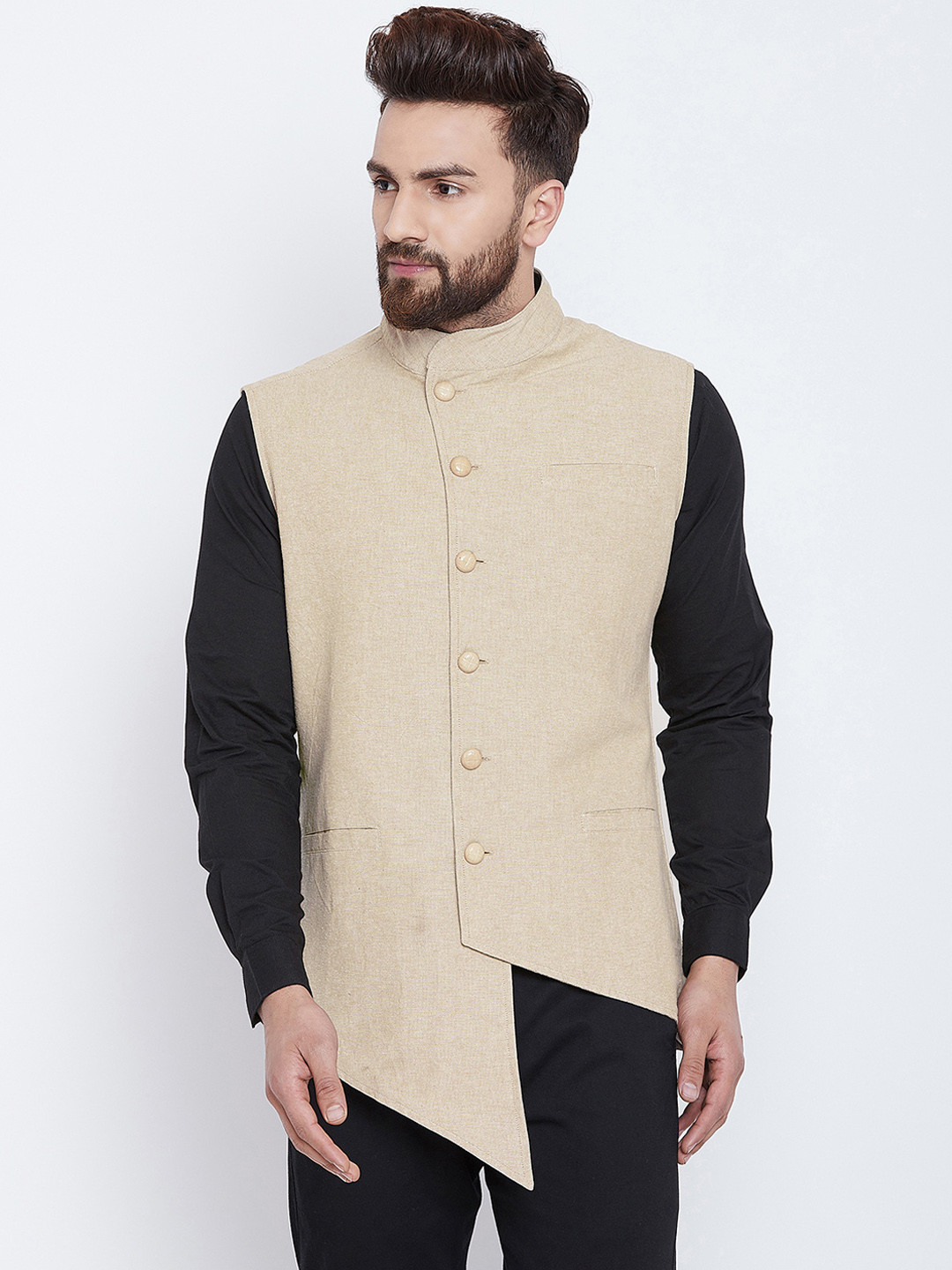 

Hypernation Men Beige Solid Pure Cotton Waistcoat
