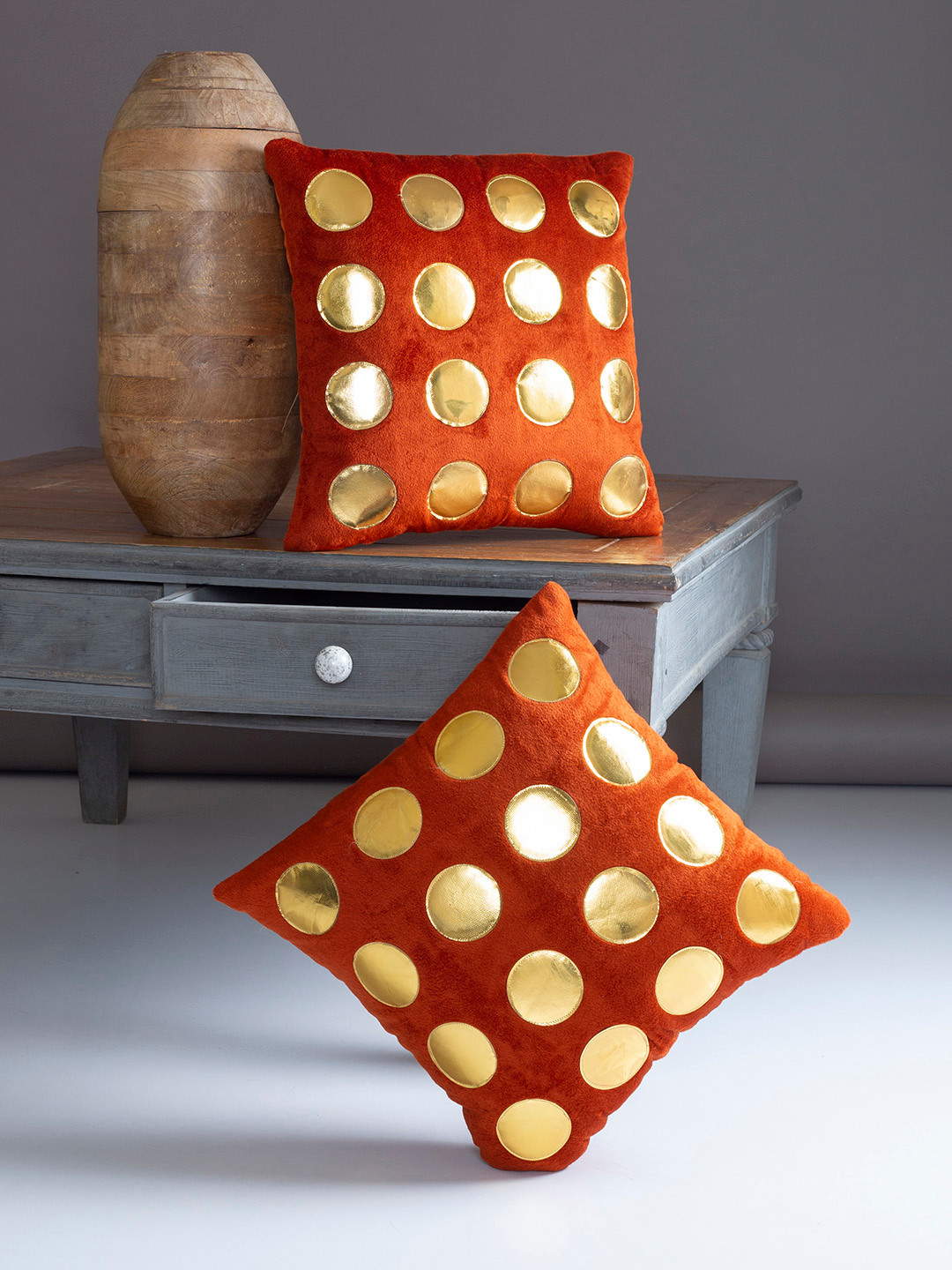 

Alina decor Orange Set of 2 Velvet Geometric Square Cushion Covers