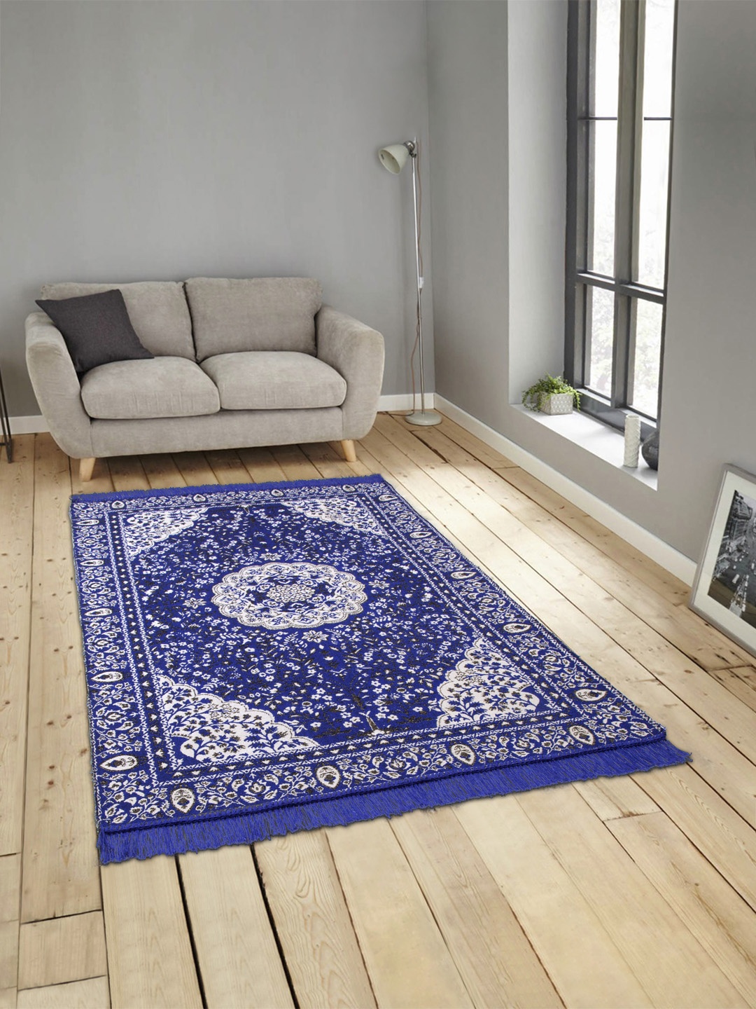 ROMEE Blue & White & Blue Printed Anti-Skid Dhurrie