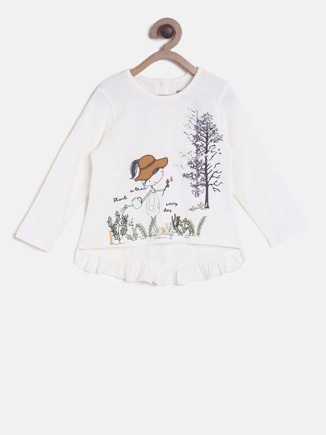 MINI KLUB Girls White Printed High-Low Pure Cotton Top