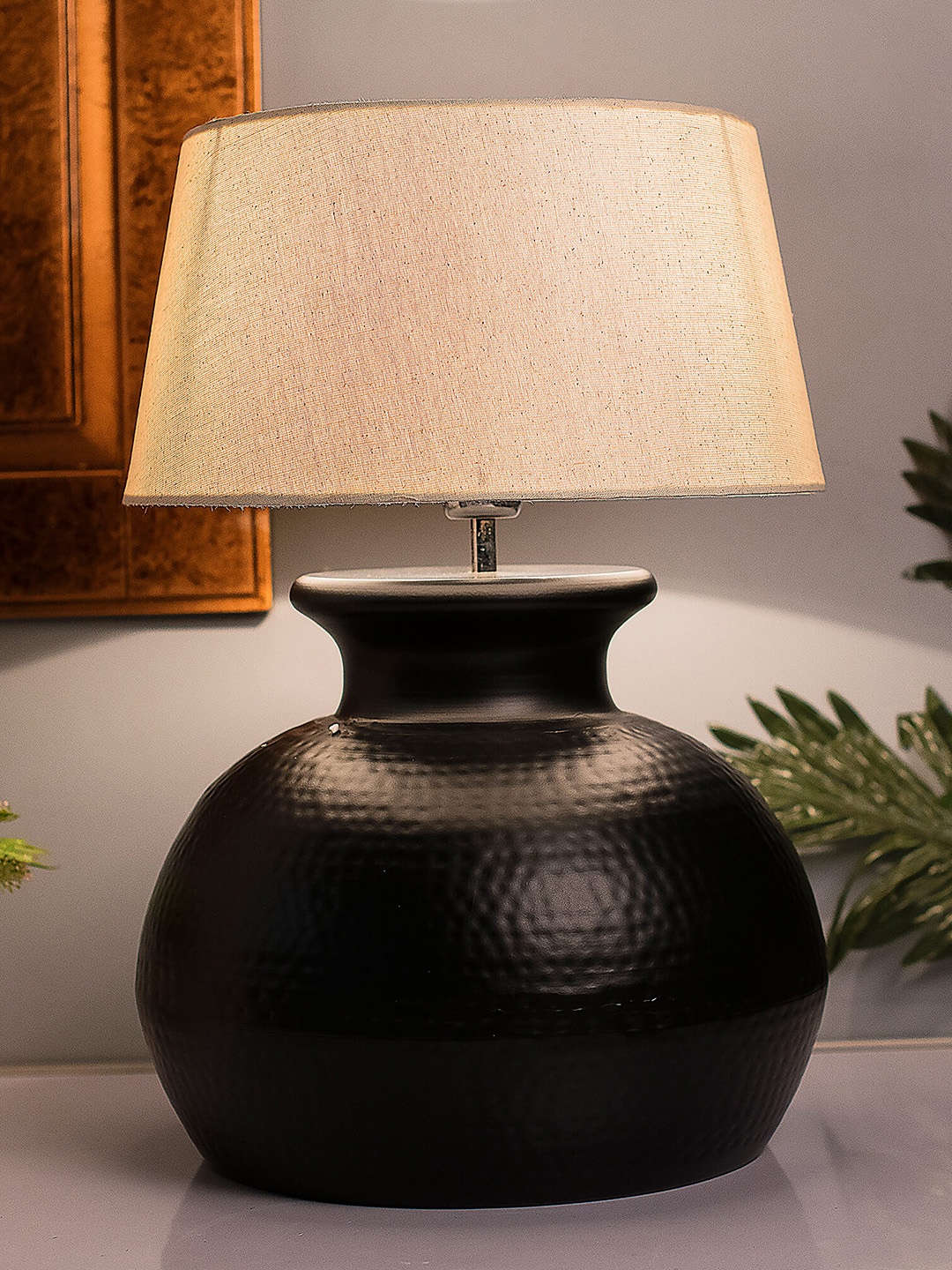 

Homesake Black & Off-White Solid Hammered Pitcher Handcrafted Table Lamp with Shade