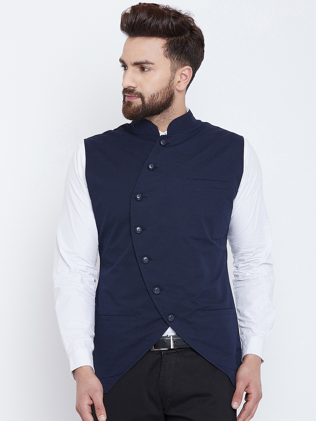 

Hypernation Men Blue Self-Design Cotton Waistcoat