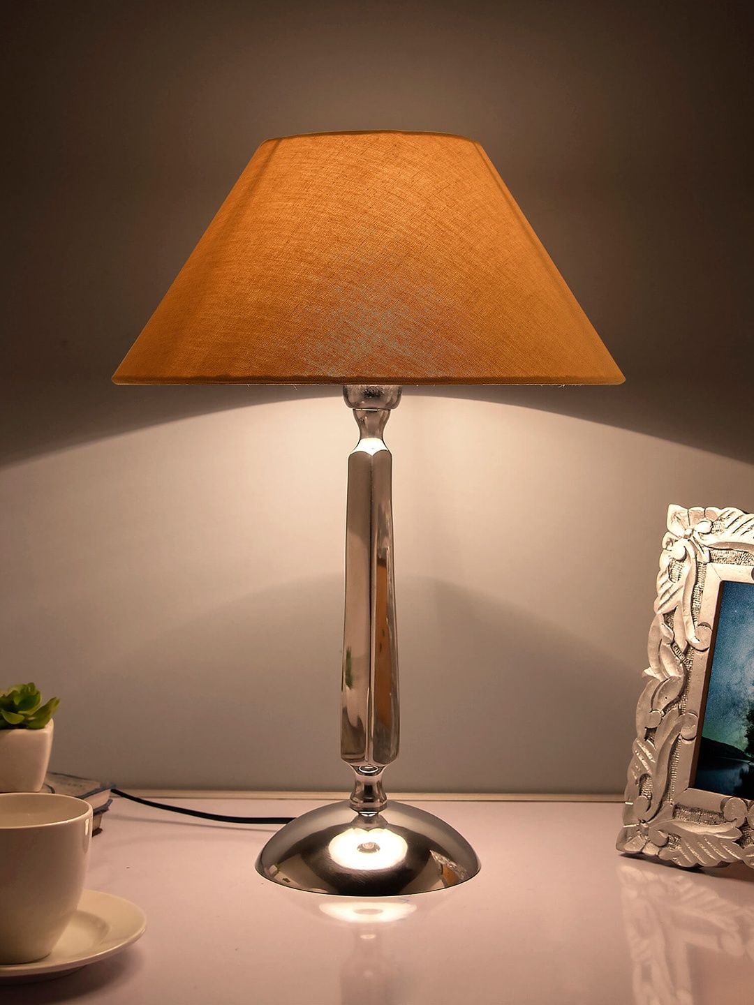 

Homesake Silver-Toned & Beige Solid Bedside Standard Table Lamp with Shade