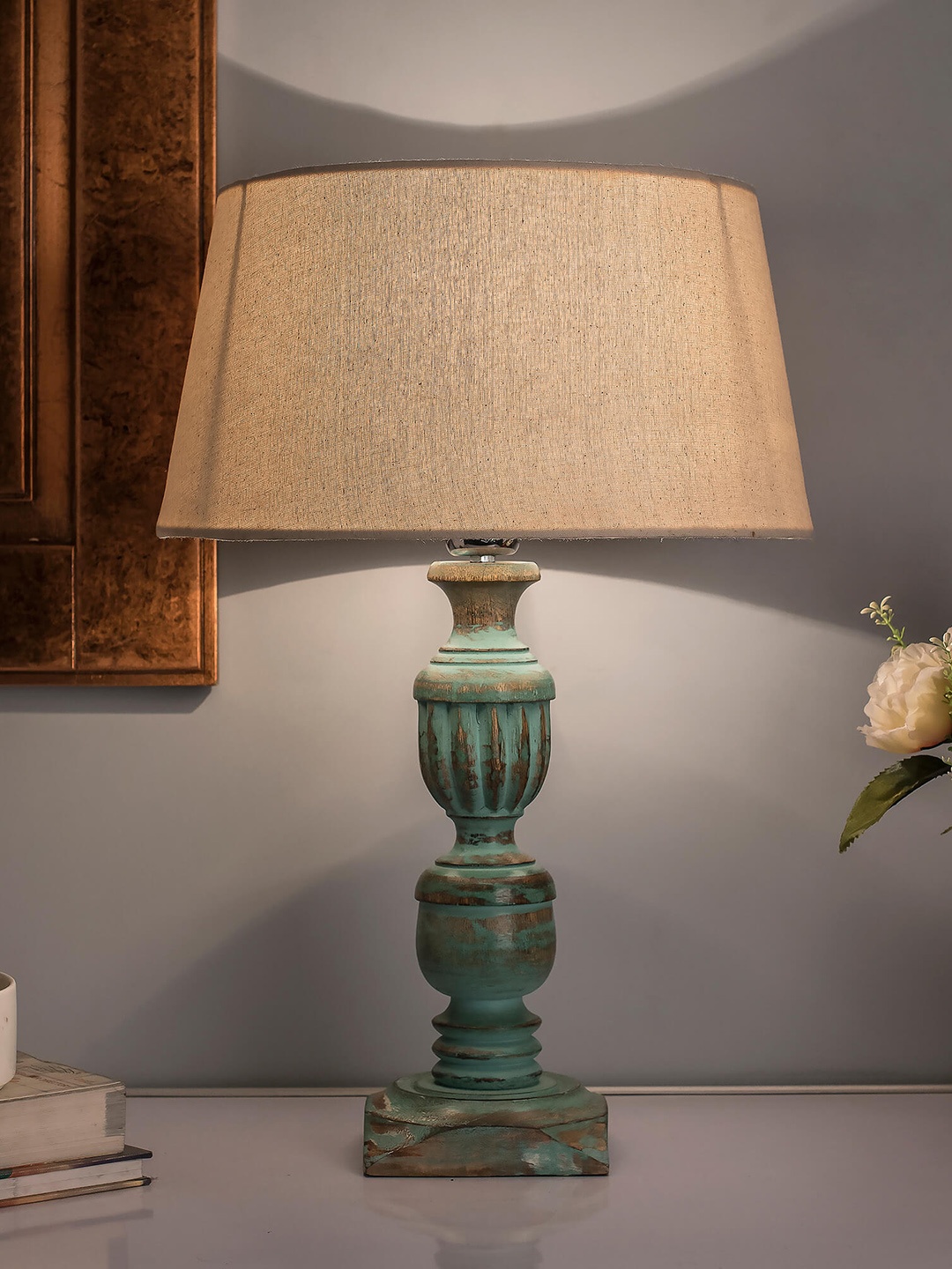 

Homesake Blue Solid Algae French Trophy Carved Handcrafted Table Lamp with Shade