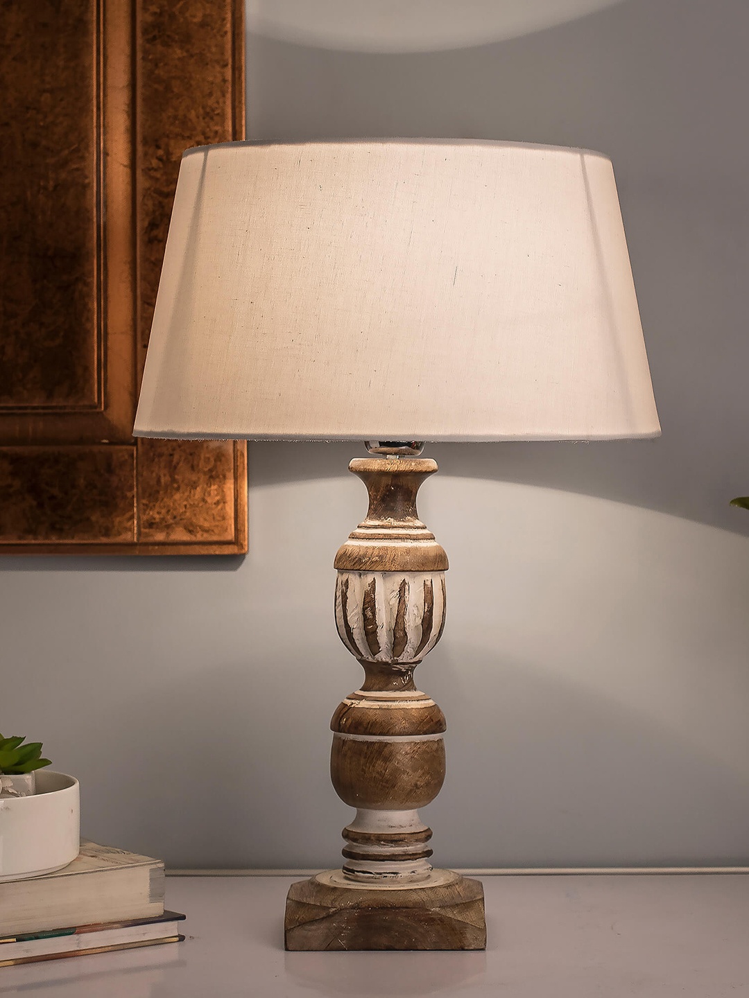

Homesake Brown & White Solid Handcrafted Bedside Standard Table Lamp with Shade