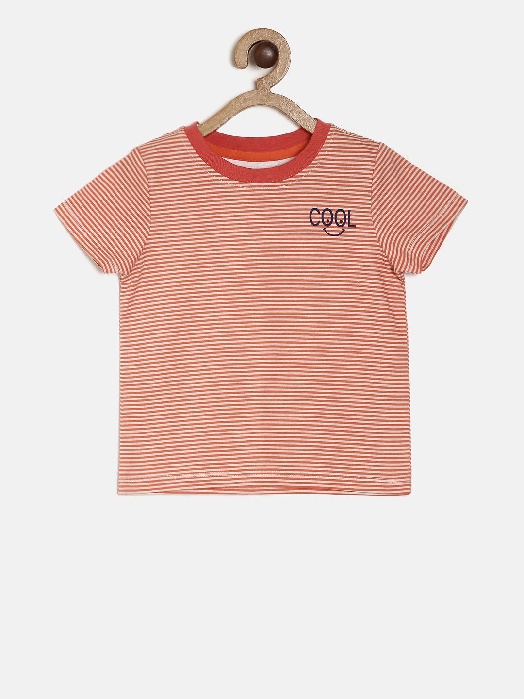 MINI KLUB Boys Orange Striped Round Neck Pure Cotton T-shirt