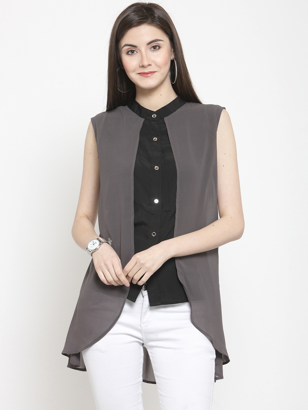 

Purple State Women Grey & Black Colourblocked Shirt Style Top