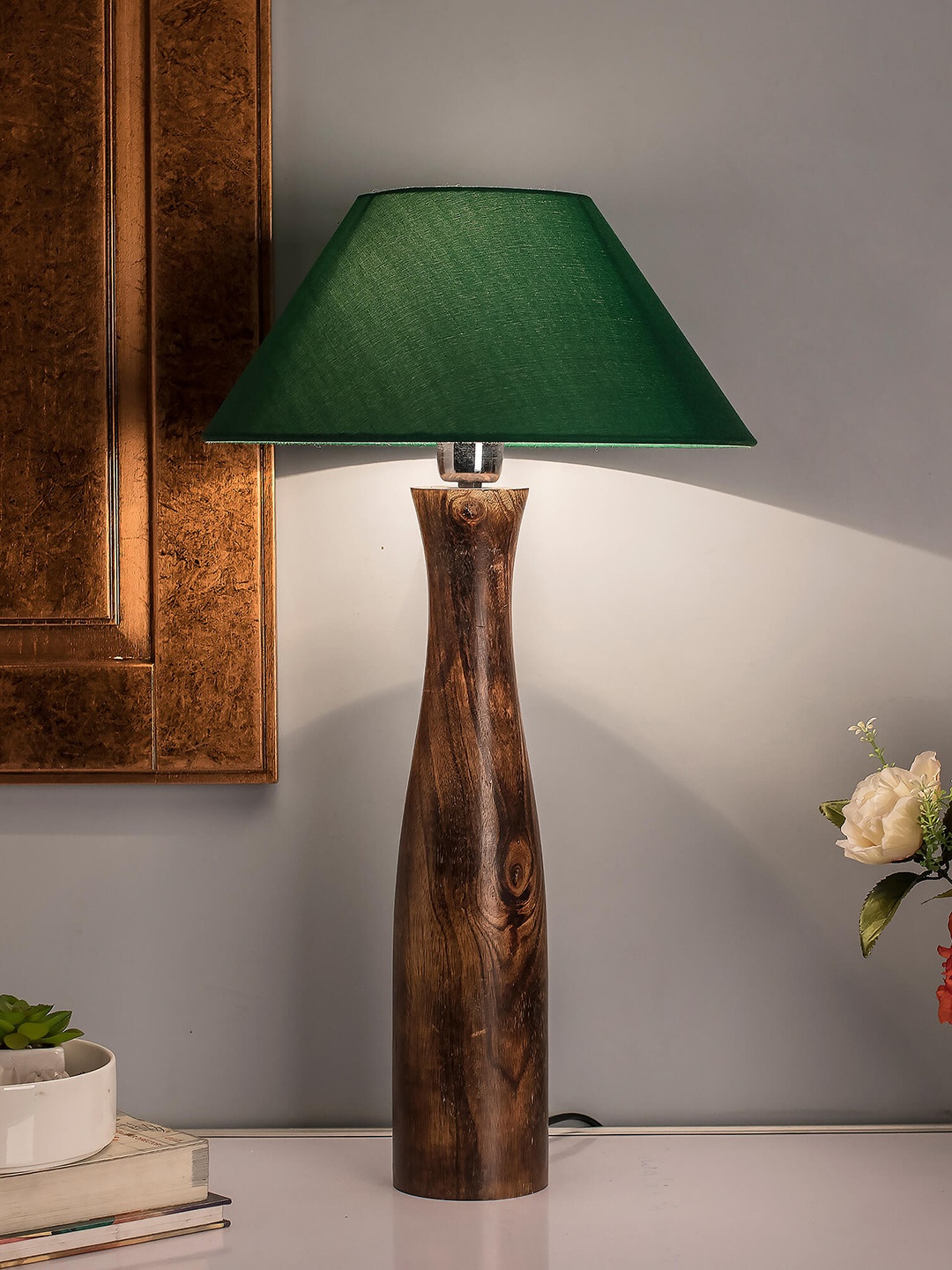 Homesake Brown & Green Solid Antique Timber Handcrafted Table Lamp with Shade