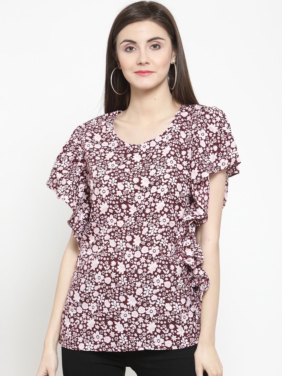 

Purple State Women Maroon & White Floral Printed Top