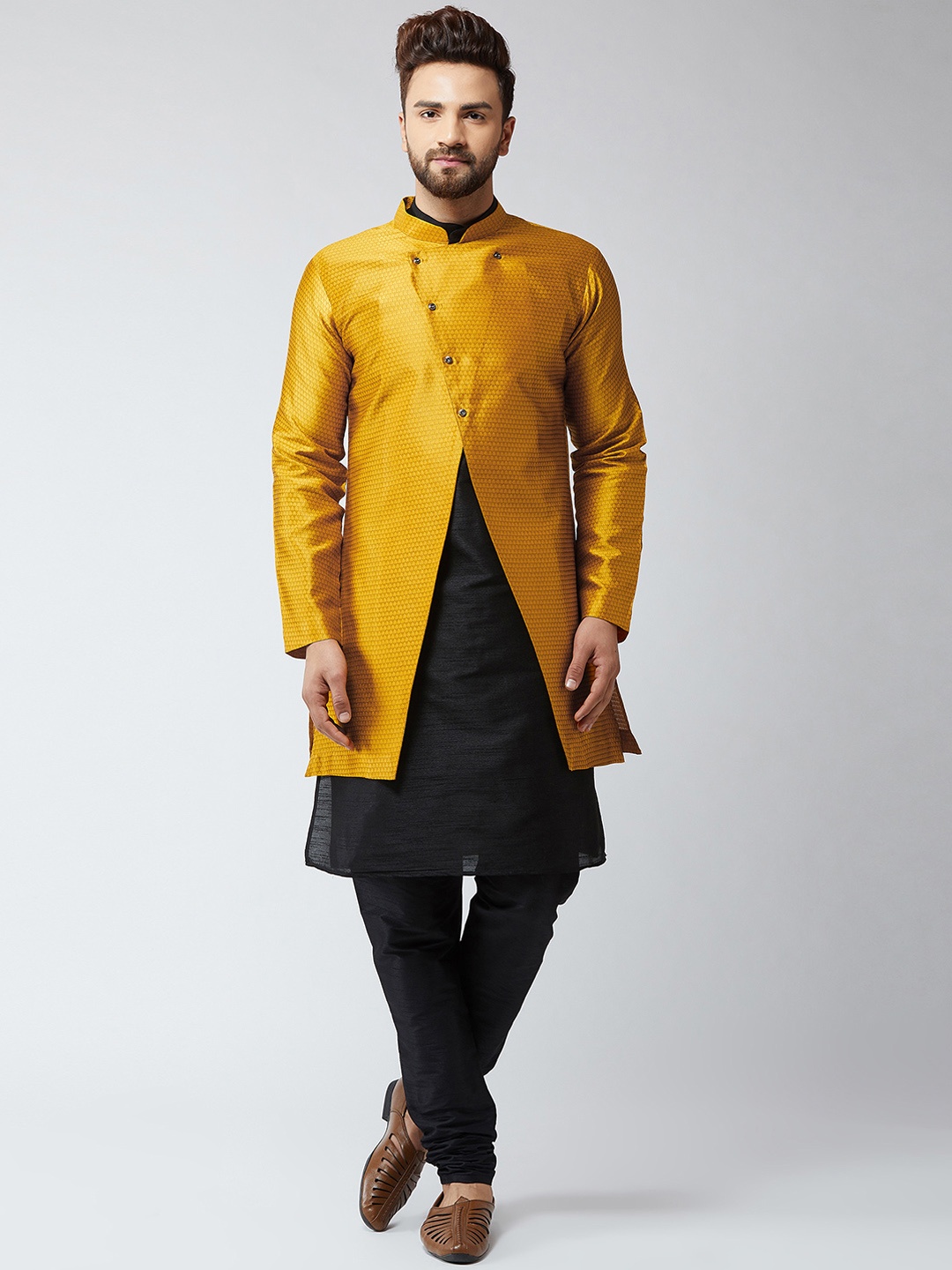 

SOJANYA Men Black & Mustard Self Design Kurta with Churidar