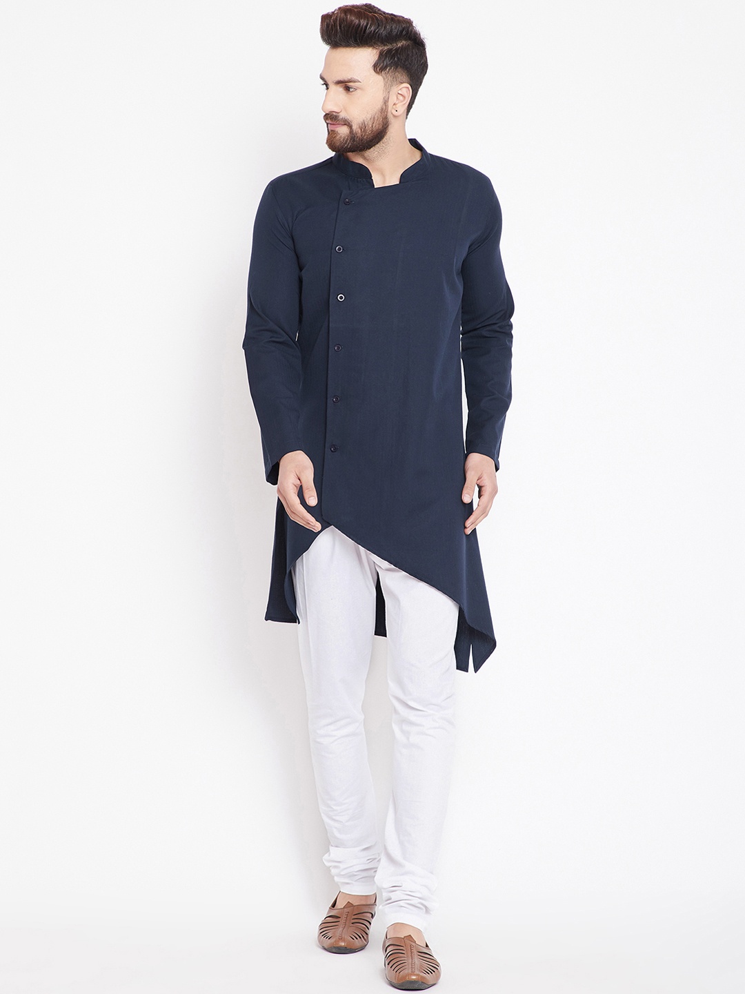even Men Navy Blue Solid Straight Asymmetric Kurta