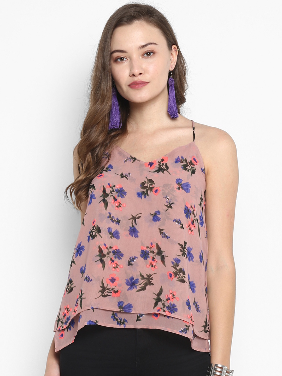 

PURYS Women Peach-Coloured Floral Printed Top