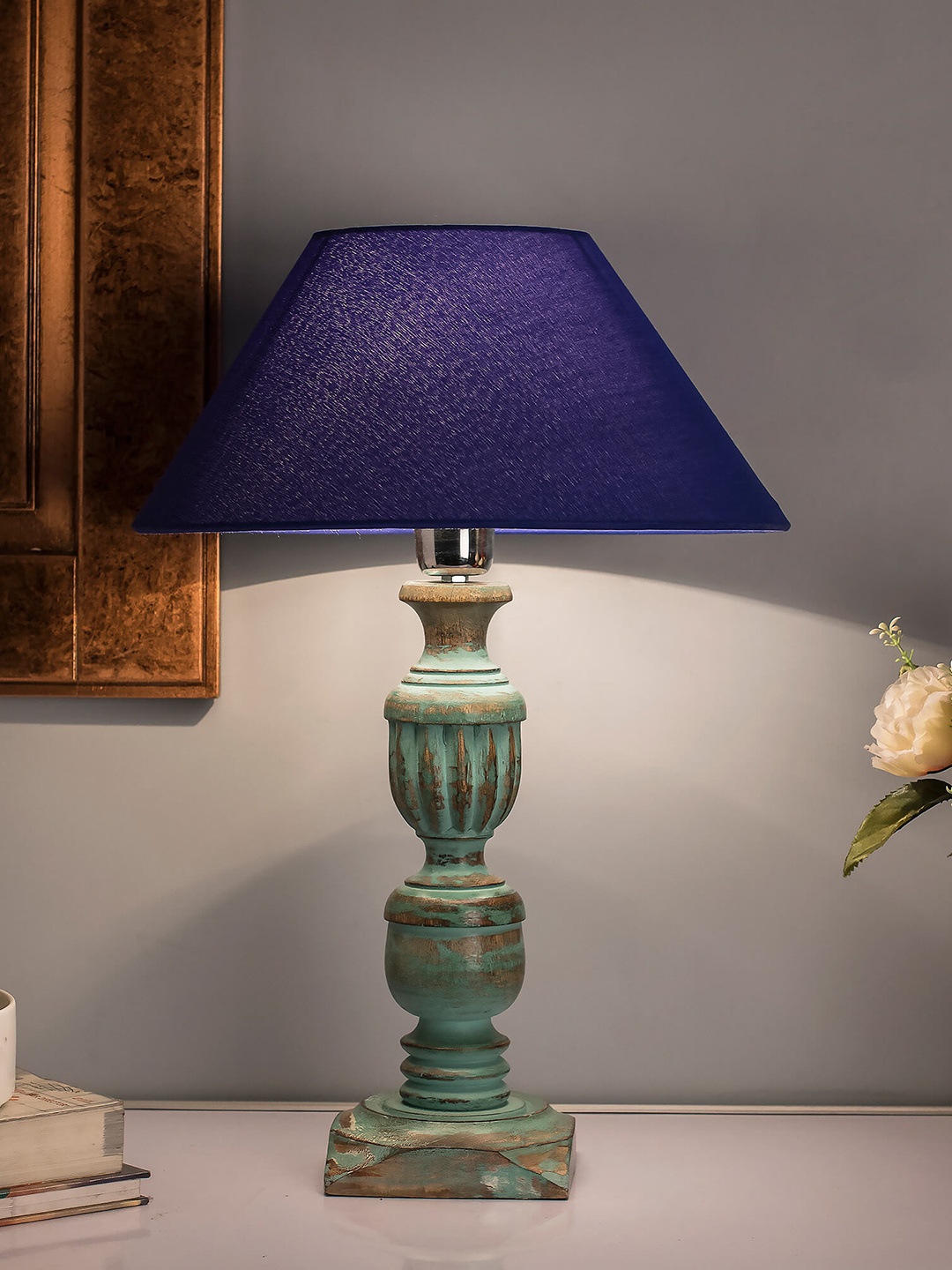 

Homesake Blue & Navy Blue Solid Bedside Standard Table Lamp with Shade