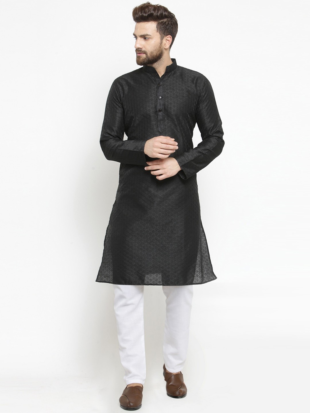 TREEMODA Men Black & White Self Design Brocade Linen Kurta with Pyjamas