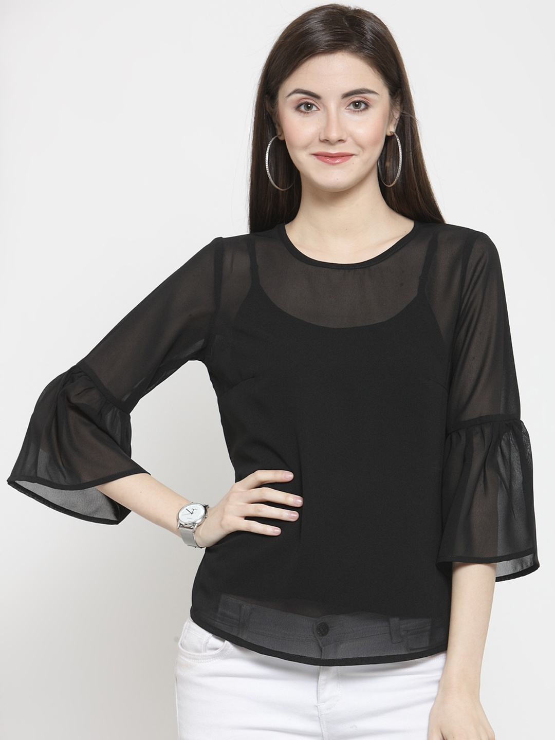 

Purple State Women Black Solid Sheer Top