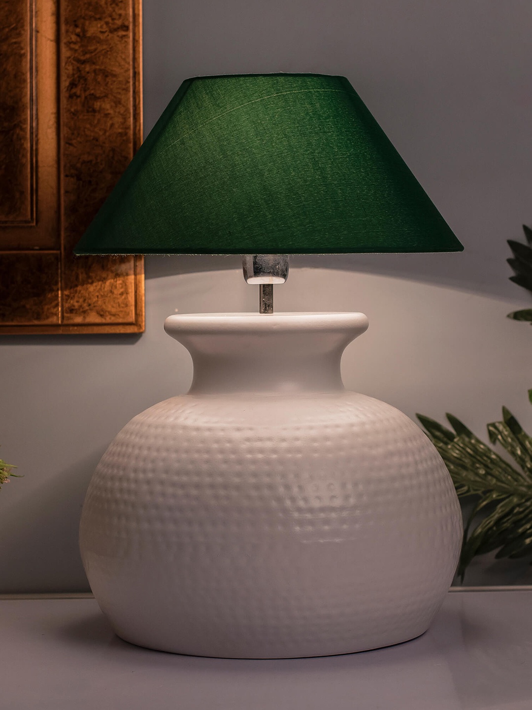 

Homesake White & Green Solid Hammered Pitcher Handcrafted Table Lamp with Shade